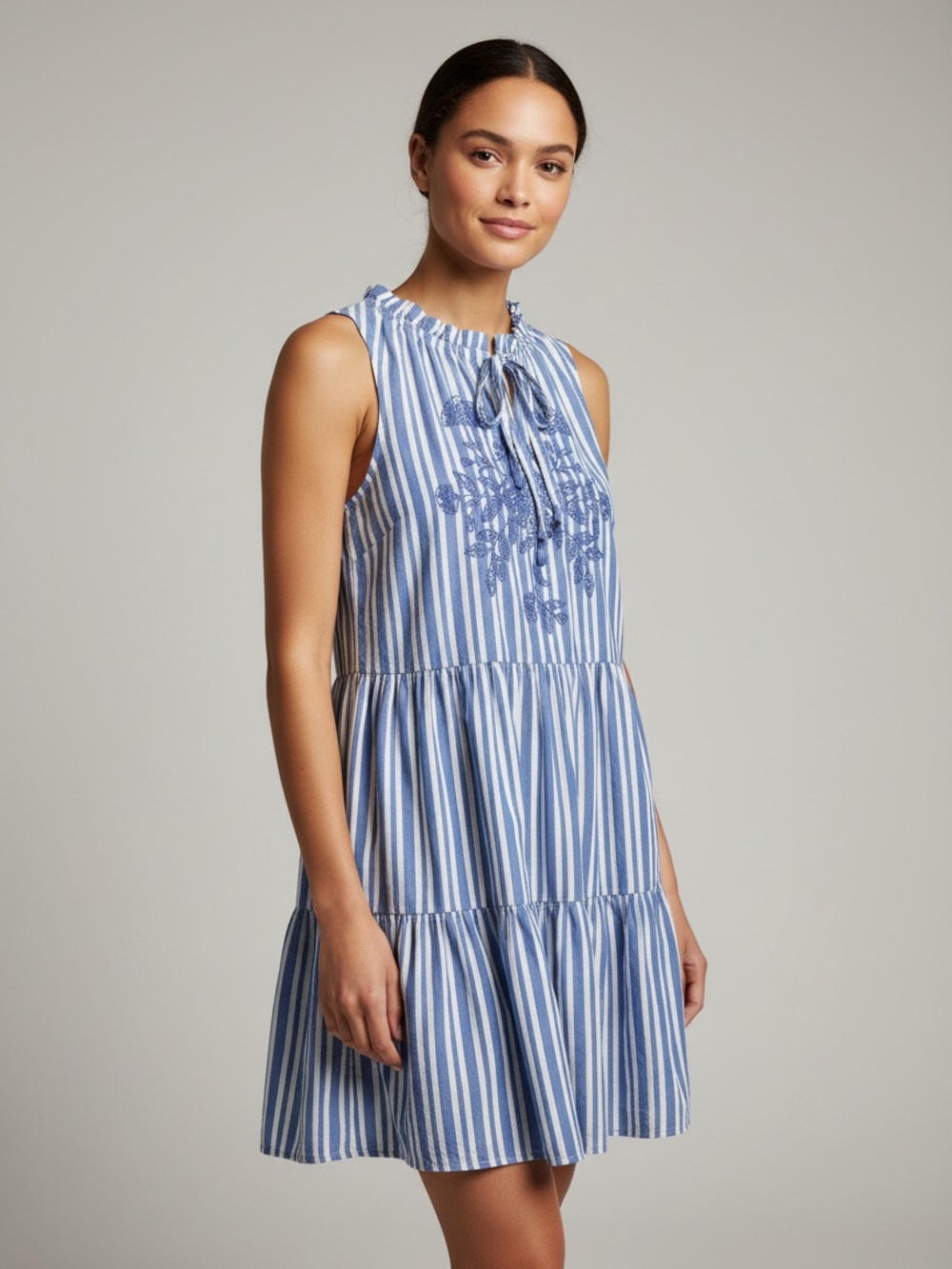 St. John's Bay Blue and White Striped Sleeveless Dress With Embroi Size M